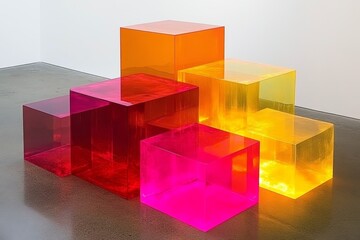 Poster - Colorful Acrylic Cubes Displaying Light and Form in Modern Art Space