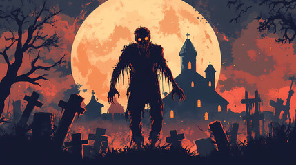 Wall Mural - This is a zombie emerging from a graveyard during a spooky late night full moon. this is a background concept for a holiday event or halloween party. Floating Haunted Monastery. Illustration