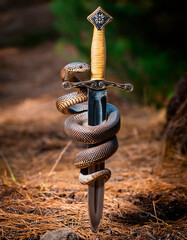 Snake wrapped around a medieval sword.