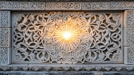 Intricate Stone Carving with Radiant Light in Architectural Detail