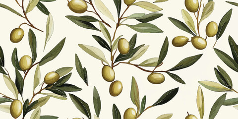 seamless vector pattern of green olives and green leaves in repeating motif on beige vintage backgro