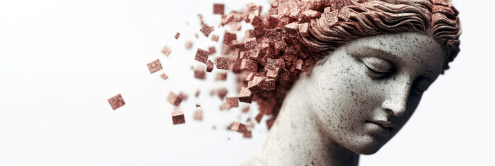 Poster - Marble Statue Transforming Into Floating Data Fragments in a Digital Art Fusion