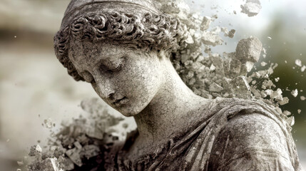 Poster - Classical Marble Statue in Elegant Decay Dissolving Into Ethereal Digital Fragments