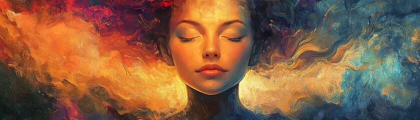 Poster - Meditative woman embraces cosmic energy abstract art surreal environment close-up perspective inner peace concept