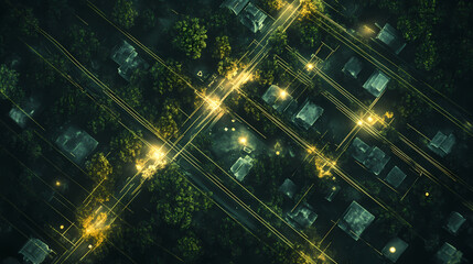 Canvas Print - aerial view of a small town with digital network lines showcasing connectivity and innovation in rur