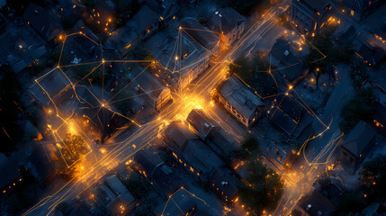 Canvas Print - aerial view of a small town with digital network lines showcasing connectivity and innovation in rur