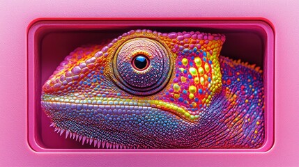 Colorful Chameleon in Pink Frame, Abstract Background