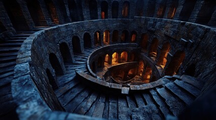 This captivating image showcases a winding staircase surrounded by stone walls, illuminated by warm lights, evoking a sense of mystery and exploring ancient architecture.