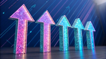 Poster - Four vibrant iridescent upward pointing arrows rendered in a stylized almost holographic fashion for creative design web use and visual communication needs