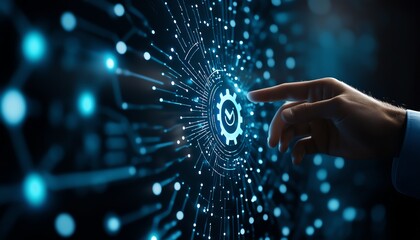 Fototapete - Robotic process automation concept, businessman touching gears icon on a digital network, data transfer and automation of business processes