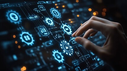 Poster - Robotic process automation RPA system automating business, businessman touching gear icons, efficient data exchange between applications on a network