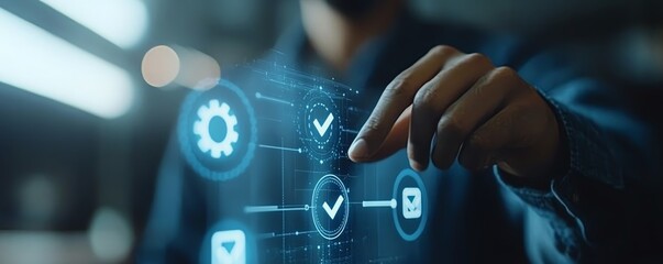 Fototapete - Workflow optimization in business process automation, businessman touching checkmark and gear icons on a digital flowchart for efficiency