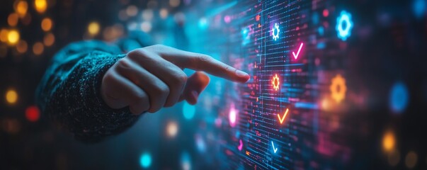 Fototapete - Workflow optimization in business process automation, businessman touching checkmark and gear icons on a digital flowchart for efficiency