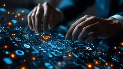 Poster - Business automation with robotic process automation RPA technology, data transfer between applications, businessman interacting with gears on a digital network