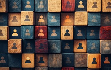 Poster - Top view of wooden cubes with people icons, representing business deals and online collaboration, connected through virtual digital networks
