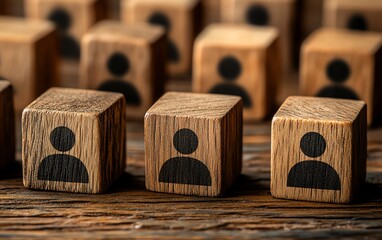 Poster - Top view of wooden cubes with people icons, representing business deals and online collaboration, connected through virtual digital networks