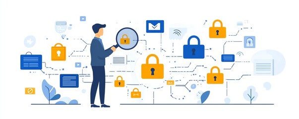 Leinwandbilder - A business professional inspecting padlock icons with a magnifying glass
