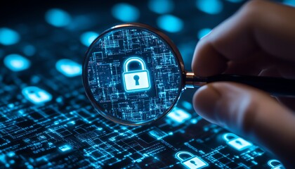 Fototapete - A system engineer using a magnifying glass to analyze padlock icons on a secure computer network, symbolizing information security technology in business