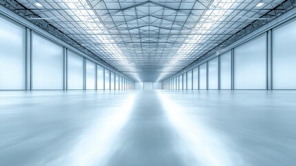 Poster - Expansive empty warehouse with bright lighting, showcasing modern industrial architecture, spacious storage capacity, and efficient logistics infrastructure, Generative AI