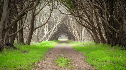 Poster - Enchanting forest pathway tunnel with a natural archway of intertwined tree branches overhead creating a serene and mystical landscape for and adventure