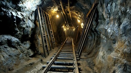 Fototapete - Illuminated underground mining tunnel with reinforced metal support beams showcasing the infrastructure and technology required for resource extraction and industrial in a subterranean environment