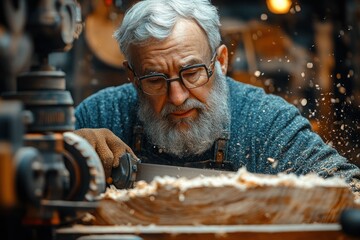 woman carpenter working in workshop with tools and wood