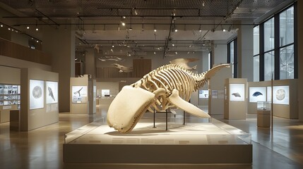 Poster - Photo of a Carefully Carved and Preserved Whale Bone Artifact Exhibited in a Contemporary Museum Gallery Setting for Educational and Scientific Purposes