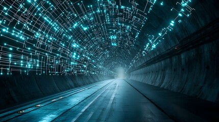 Poster - Visually stunning futuristic tunnel with glowing geometric patterns and lighting effects creating a captivating sci fi inspired deep space scene