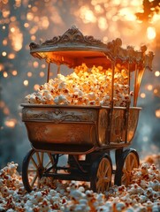 Vintage Popcorn Cart Sunset Illustration Art Nouveau Design