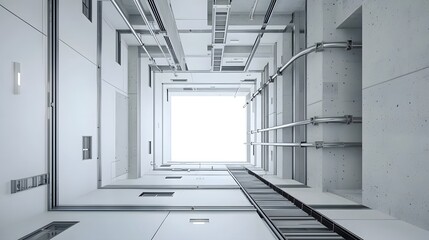 Aufkleber - 3D render of an underground water supply and drainage system infrastructure within a modern skyscraper building featuring a clean minimalist architectural design with concrete pipes
