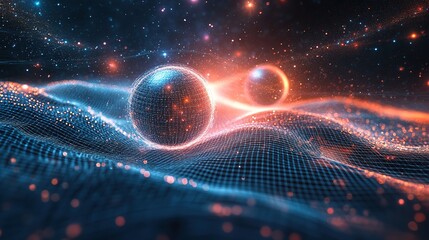 Poster - Dynamic cosmic simulation of energy orbs digital universe abstract art sci-fi environment close-up view futuristic concept