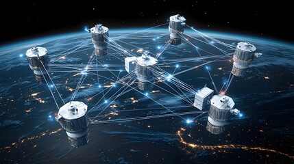 Poster - A 3D render of a network of interconnected low poly satellites orbiting the Earth creating a global communication web in the dark night sky