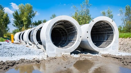 Poster - A photo showcasing a concrete reinforced stormwater management tunnel system with an expansive underground pipe network essential for urban drainage and wastewater infrastructure