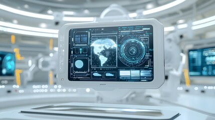 Aufkleber - A photo showcasing a semi transparent display seamlessly integrated into a futuristic device designed for advanced data visualization digital analytics and interactive user experiences