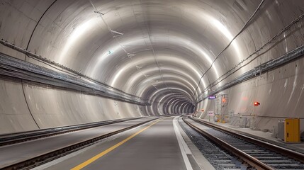 Poster - A wide angle shot of a modern multi lane underground road tunnel featuring a sleek futuristic architectural design with concrete steel and state of the art lighting elements
