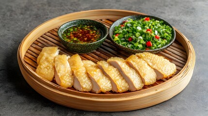 Poster - A Tempting Dish of Steamed Chicken with Savory Dipping Sauce on a Traditional Wooden Plate   A Delicious and Healthy Asian Inspired Meal Presented on a Rustic Handcrafted Wooden Platter