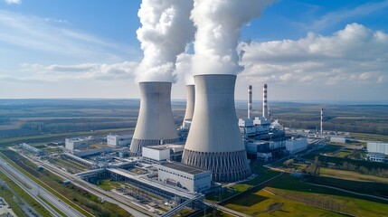 Aufkleber - Aerial drone shot of a massive nuclear power plant with large cooling towers emitting plumes of steam and smoke  The industrial infrastructure is situated in a vast landscape