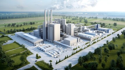 Poster - aerial view of a large scale industrial factory complex producing state of the art fireproof and fir