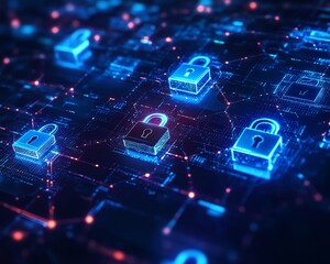 Poster - Digital security network with multiple padlocks, secure tech system, safe cyberspace, data protection, modern network security, business technology concept, highquality visual