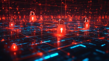 Poster - Digital security network with multiple padlocks, secure tech system, safe cyberspace, data protection, modern network security, business technology concept, highquality visual