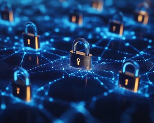 Poster - Digital security network with multiple padlocks, secure tech system, safe cyberspace, data protection, modern network security, business technology concept, highquality visual