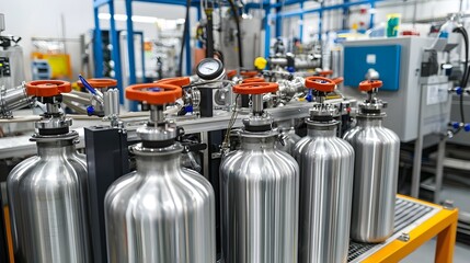 Poster - An image depicting a row of shiny silver medical grade oxygen tanks being filled and prepared for distribution in a high tech sterilized manufacturing plant or warehouse setting