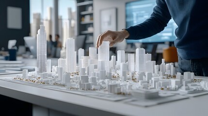 Poster - Architect Reviewing a Building Model with a Detailed City Skyline in the Background Analyzing Construction Plans and Urban Development Concepts