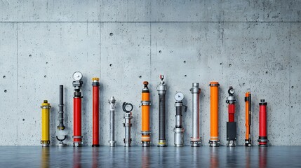 Leinwandbilder - Assortment of Different Sizes and Types of Fire Hose Connectors and Equipment Displayed in a Lineup for Comparison and Identification