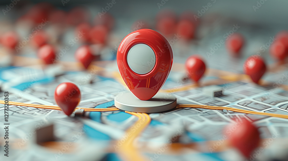 Red pin is a specific location on a 3d city map with buildings and a ...