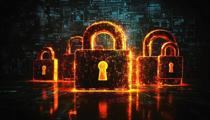 Poster - Safe cyberspace concept, digital security system with multiple padlocks, network protection, data security, modern tech design, business technology concept, highdefinition image