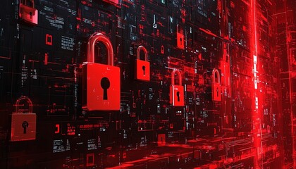 Poster - Safe cyberspace concept, digital security system with multiple padlocks, network protection, data security, modern tech design, business technology concept, highdefinition image