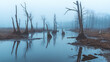 © Thiago - Mysterious cursed swamp with foggy mist and dead trees, eerie atmosphere at dusk, abandoned, decay, abandoned. Misty River of the Dead. Illustration