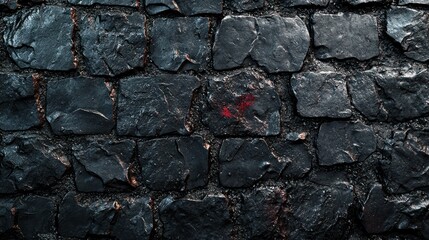 Wall Mural - Dark cobblestone pavement texture with red mark