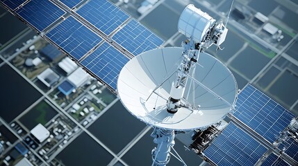Fototapete - Close up view of a high tech satellite dish antenna system communicating with an orbiting space satellite